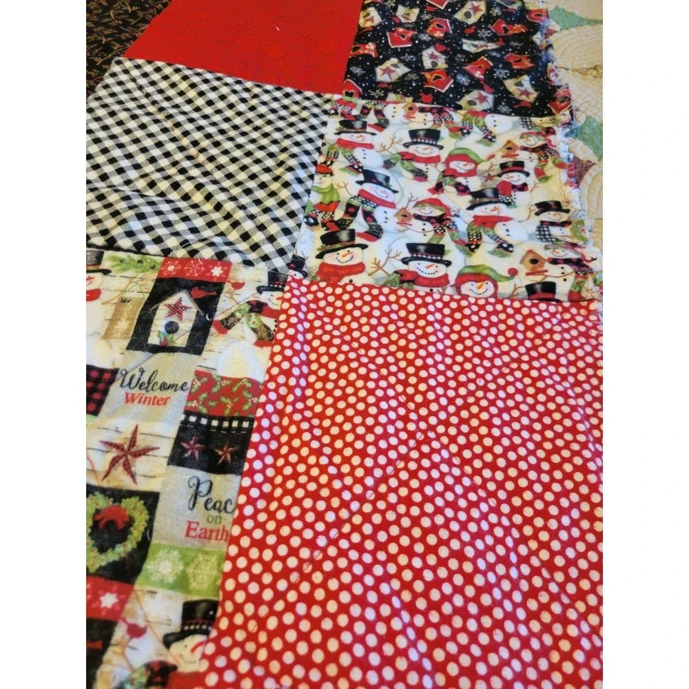 Handmade Rag Quilt Throw Blanket Snowman Christmas Farmhouse Rustic Red Green